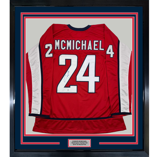 Framed Autographed/Signed Connor McMichael 35x39 Washington Red Hockey Jersey Beckett BAS COA