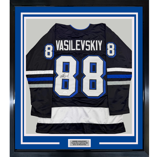 Framed Autographed/Signed Andrei Vasilevskiy 35x39 Tampa Bay Black Hockey Jersey JSA COA