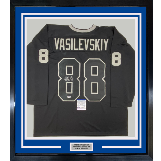 Framed Autographed/Signed Andrei Vasilevskiy 35x39 Tampa Bay Black Hockey Jersey PSA/DNA COA