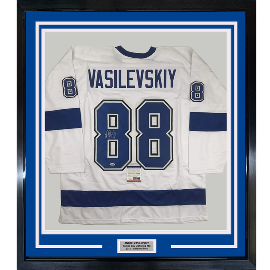 Framed Autographed/Signed Andrei Vasilevskiy 35x39 Tampa Bay White Hockey Jersey PSA/DNA COA