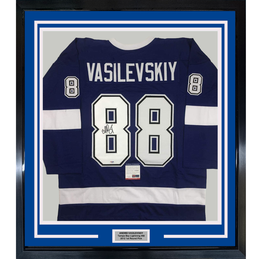 Framed Autographed/Signed Andrei Vasilevskiy 35x39 Tampa Bay Blue Hockey Jersey PSA/DNA COA