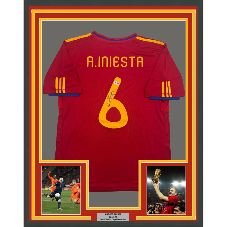 Framed Autographed/Signed Andres Iniesta 35x39Spain Red World Cup Soccer Futbol Jersey Beckett BAS COA