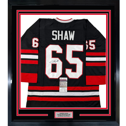 Framed Autographed/Signed Andrew Shaw 35x39 Chicago Black Hockey Jersey JSA COA