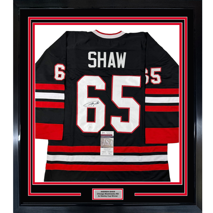 Framed Autographed/Signed Andrew Shaw 35x39 Chicago Black Hockey Jersey JSA COA