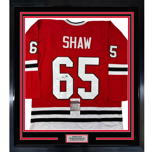 Framed Autographed/Signed Andrew Shaw 35x39 Chicago Red Hockey Jersey JSA COA