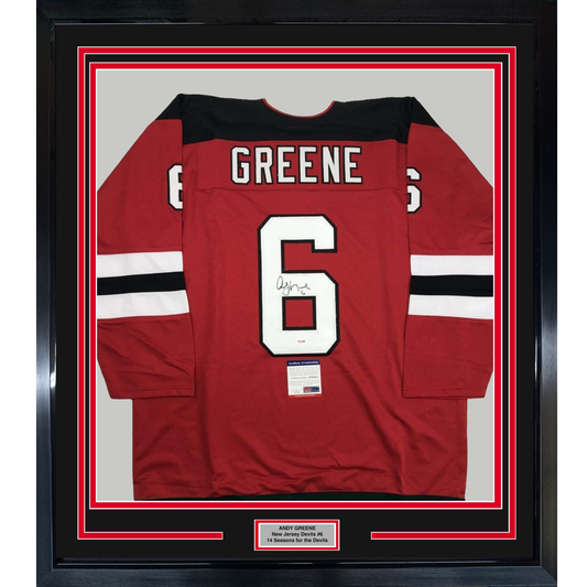 Framed Autographed/Signed Andy Greene 35x39 New Jersey Red Hockey Jersey PSA/DNA COA