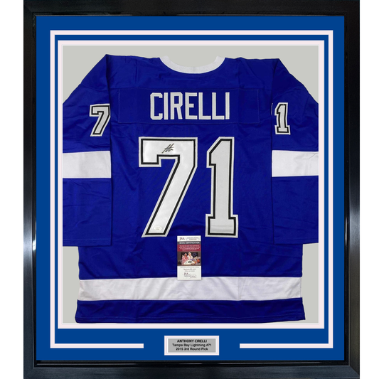 Framed Autographed/Signed Anthony Cirelli 35x39 Tampa Bay Blue Hockey Jersey JSA COA