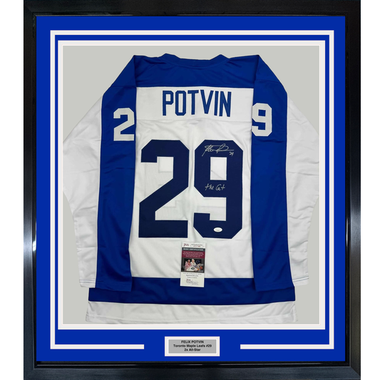 Framed Autographed/Signed Felix Potvin The Cat 35x39 Toronto White Hockey Jersey JSA COA