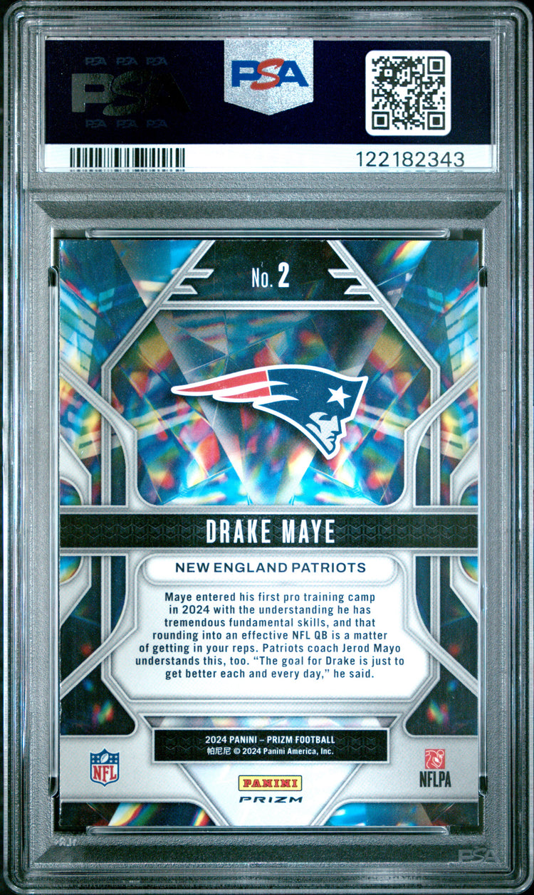 Graded 2024 Panini Prizm Drake Maye #2 Prizmatic Green Prizm Rookie RC Football Card PSA 10 Gem Mint
