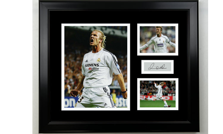 Framed David Beckham Real Madrid Facsimile Laser Engraved Signature 14x11 3 Photo Collage