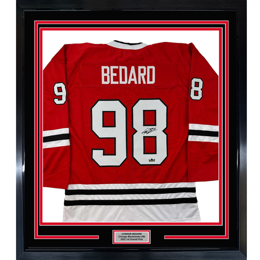 Framed Facsimile Autographed Connor Bedard 35x39 Chicago Red Reprint Laser Auto Hockey Jersey