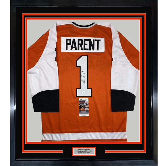 Framed Autographed/Signed Bernie Parent 35x39 Philadelphia Orange Hockey Jersey JSA COA