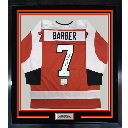 Framed Autographed/Signed Bill Barber 35x39 Philadelphia Orange Hockey Jersey PSA/DNA COA