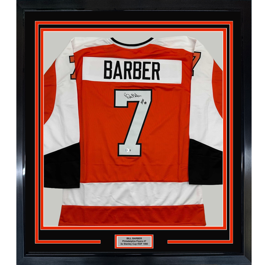 Framed Autographed/Signed Bill Barber 35x39 HOF 90 Philadelphia Orange Hockey Jersey Beckett BAS COA