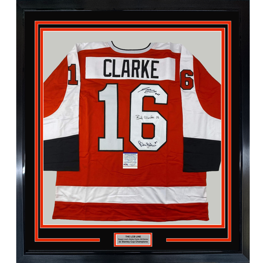 Framed Autographed/Signed LCB Line Reggie Leach, Bobby Clarke & Bill Barber 35x39 Philadelphia Orange Hockey Jersey JSA COA