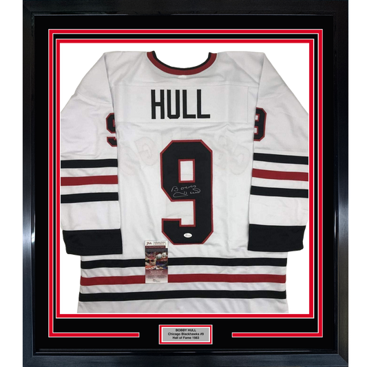 Framed Autographed/Signed Bobby Hull 35x39 Chicago White Hockey Jersey JSA COA