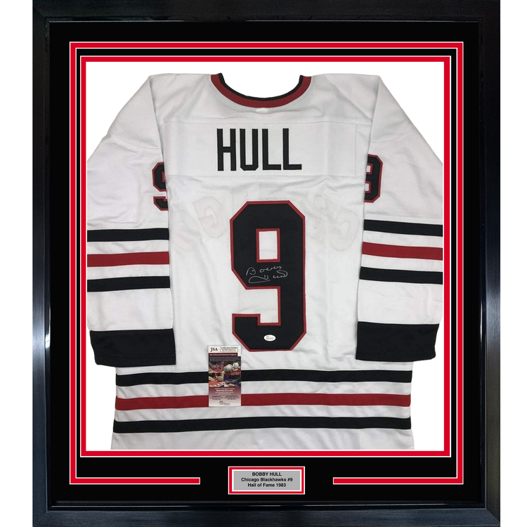 Framed Autographed/Signed Bobby Hull 35x39 Chicago White Hockey Jersey JSA COA