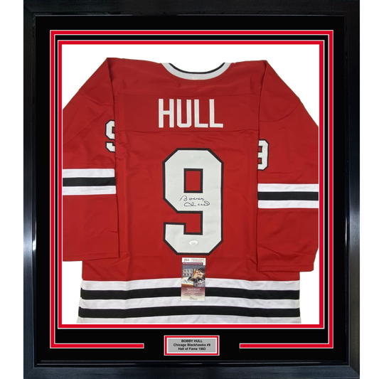 Framed Autographed/Signed Bobby Hull 35x39 Chicago Red Hockey Jersey JSA COA