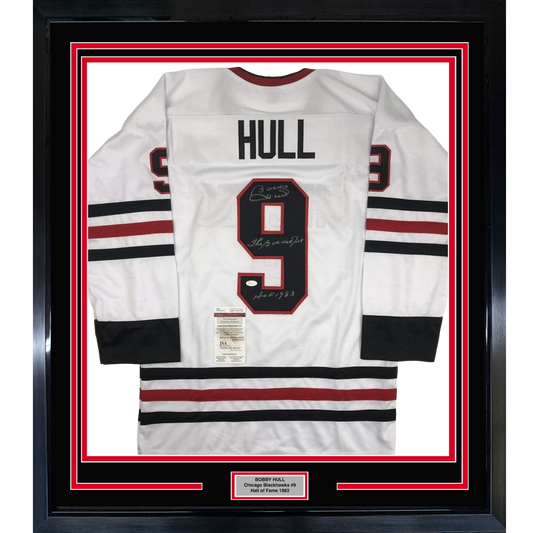Framed Autographed/Signed Bobby Hull The Golden Jet HOF 1983 35x39 Chicago White Hockey Jersey JSA COA