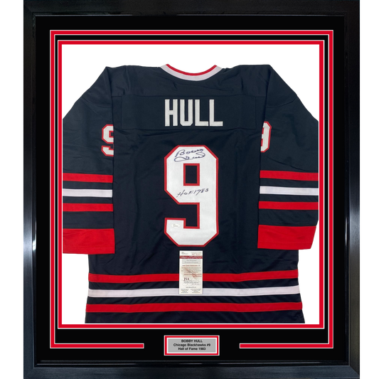 Framed Autographed/Signed Bobby Hull HOF 1983 35x39 Chicago Black Hockey Jersey JSA COA