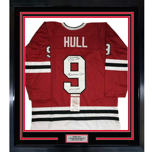 Framed Autographed/Signed Bobby Hull HOF 1983 The Golden Jet 35x39 Chicago Red Hockey Jersey JSA COA