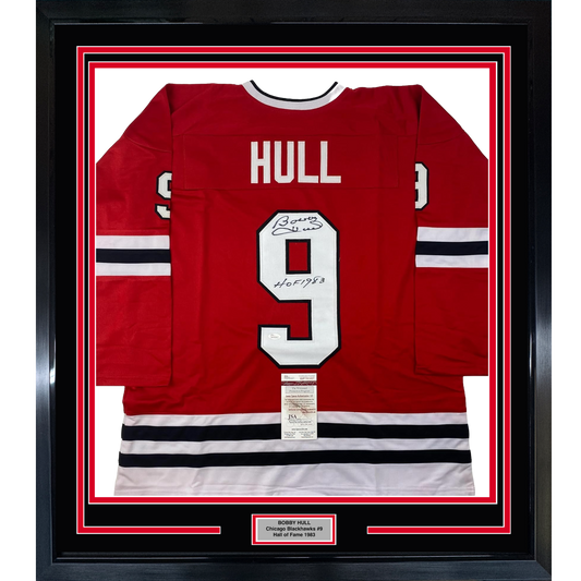 Framed Autographed/Signed Bobby Hull HOF 1983 35x39 Chicago Red Hockey Jersey JSA COA