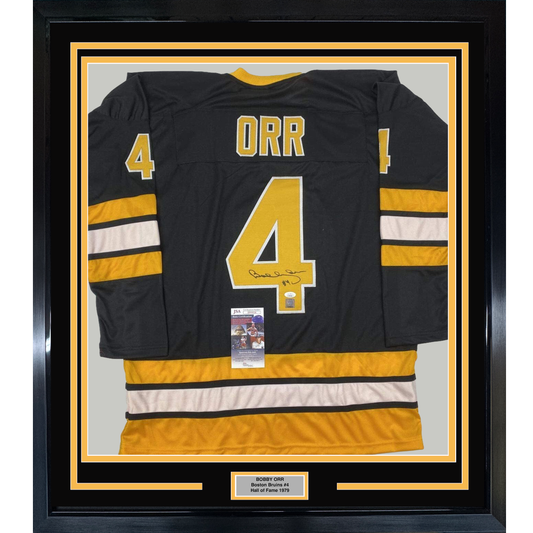 Framed Autographed/Signed Bobby Orr 35x39 Boston Black Hockey Jersey JSA & GNR COA