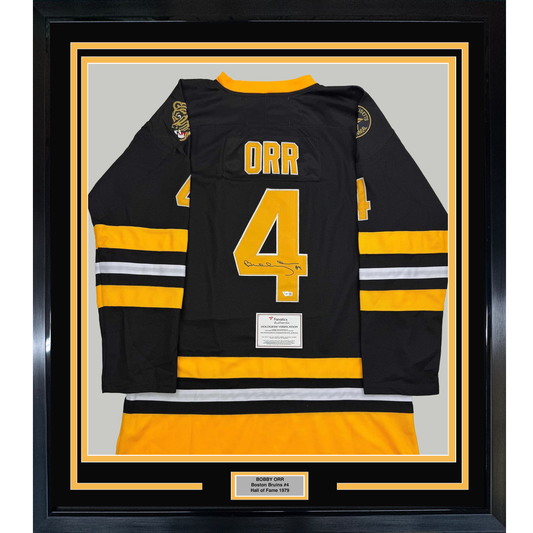 Framed Autographed/Signed Bobby Orr 35x39 Boston Bruins Black Hockey Jersey Fanatics COA