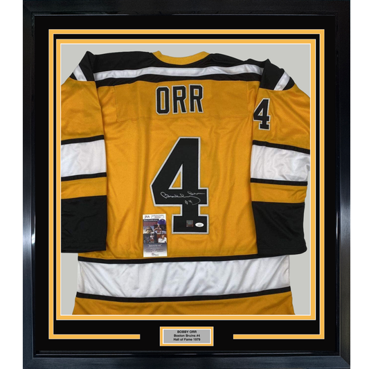 Framed Autographed/Signed Bobby Orr 35x39 Boston Yellow Hockey Jersey JSA & GNR COA