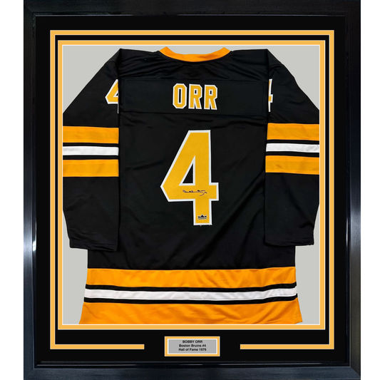 Framed Facsimile Autographed Bobby Orr 35x39 Boston Black Reprint Laser Auto Hockey Jersey