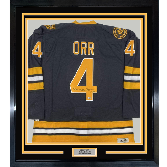 Framed Autographed/Signed Bobby Orr 35x39 Boston Yellow Hockey Jersey Beckett Fanatics COA