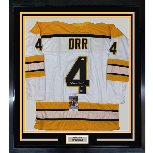Framed Autographed/Signed Bobby Orr 35x39 Boston White Hockey Jersey JSA & GNR COA