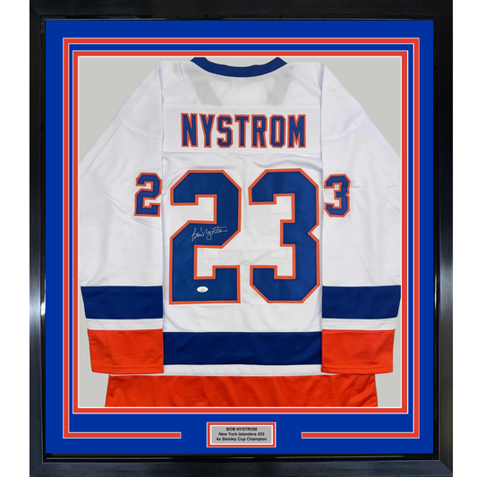 Framed Autographed/Signed Bob Nystrom 35x39 New York White Hockey Jersey JSA COA