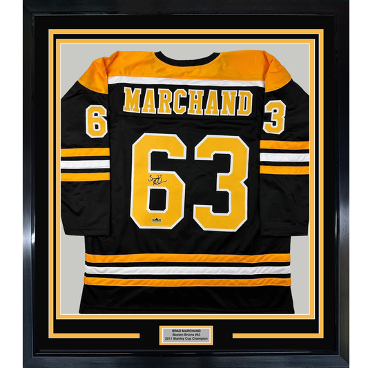 Framed Facsimile Autographed Brad Marchand 35x39 Boston Black Reprint Laser Auto Hockey Jersey