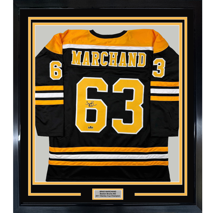 Framed Facsimile Autographed Brad Marchand 35x39 Boston Black Reprint Laser Auto Hockey Jersey