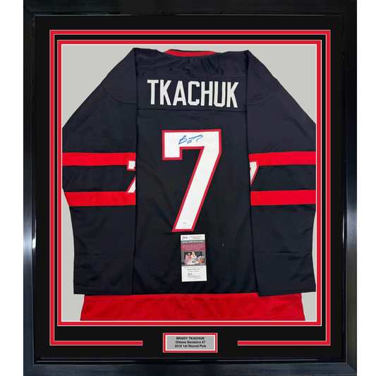 Framed Autographed/Signed Brady Tkachuk 35x39 Ottawa Black Hockey Jersey JSA COA