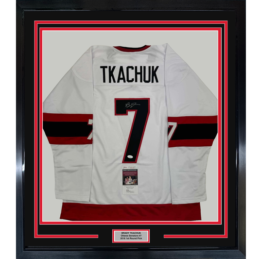 Framed Autographed/Signed Brady Tkachuk 35x39 Ottawa White Hockey Jersey JSA COA