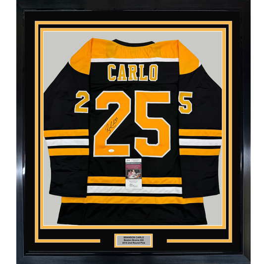 Framed Autographed/Signed Brandon Carlo 35x39 Boston Black Hockey Jersey JSA COA