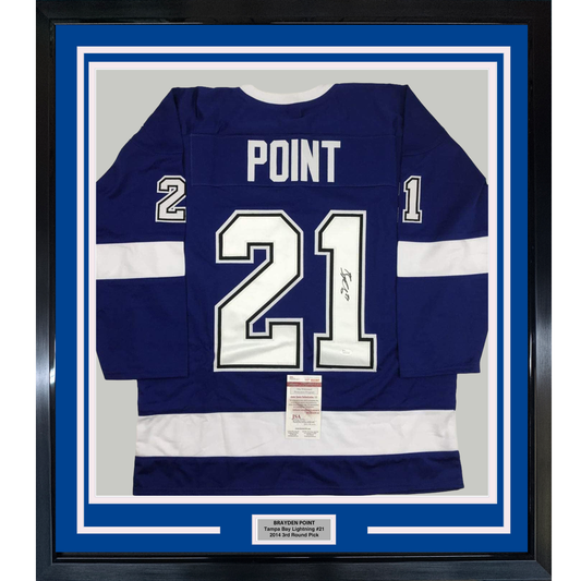 Framed Autographed/Signed Brayden Point 35x39 Tampa Bay Blue Hockey Jersey JSA COA