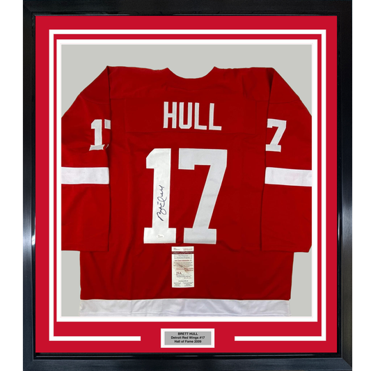 Framed Autographed/Signed Brett Hull 35x39 Detroit Red Hockey Jersey JSA COA