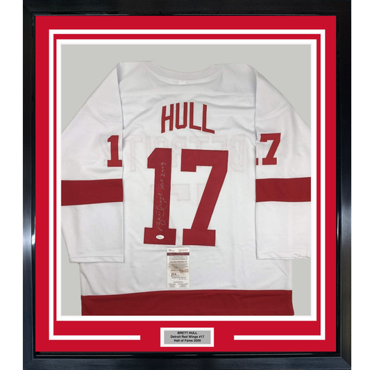 Framed Autographed/Signed Brett Hull HOF 2009 35x39 Detroit White Hockey Jersey JSA COA