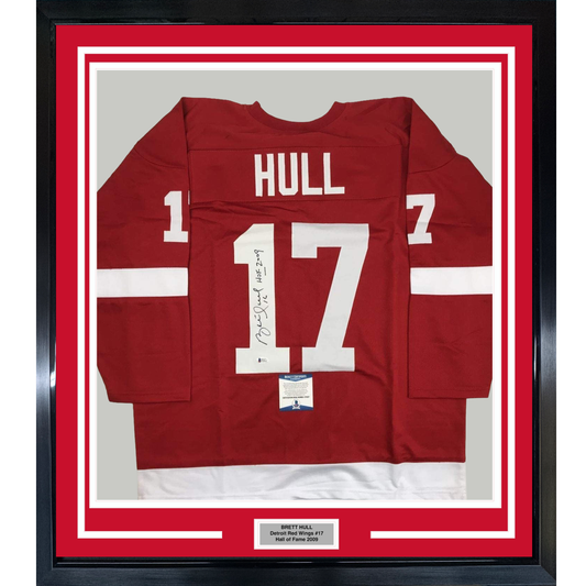 Framed Autographed/Signed Brett Hull HOF 2009 35x39 Detroit Red Hockey Jersey Beckett BAS COA
