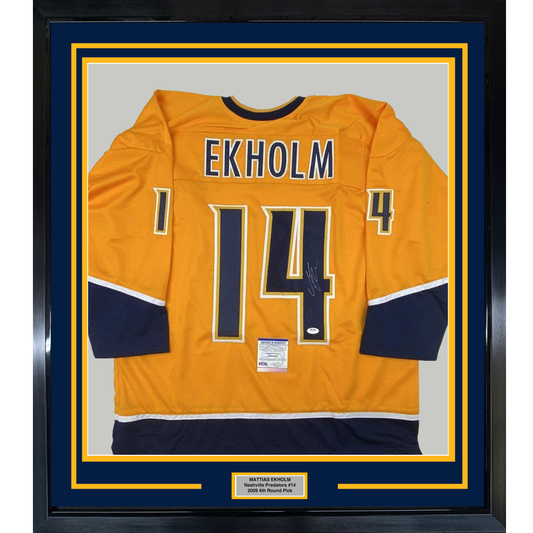 Framed Autographed/Signed Mattias Ekholm 35x39 Nashville Yellow Hockey Jersey PSA/DNA COA