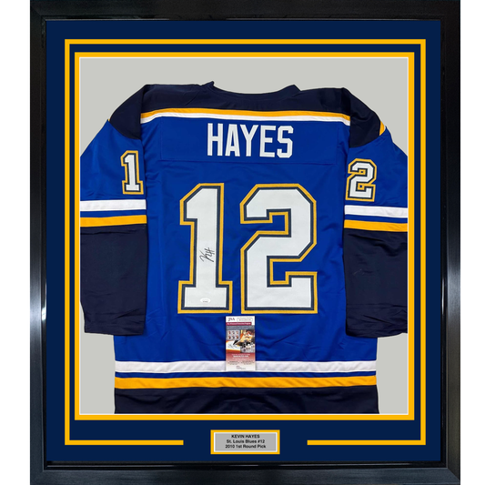 Framed Autographed/Signed Kevin Hayes 35x39 St. Louis Blue Hockey Jersey JSA COA