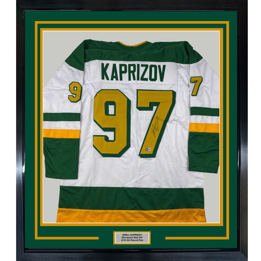 Framed Autographed/Signed Kirill Kaprizov 35x39 Minnesota White Retro Hockey Jersey Beckett BAS COA