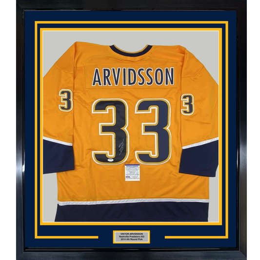 Framed Autographed/Signed Viktor Arvidsson 35x39 Nashville Yellow Hockey Jersey PSA/DNA COA