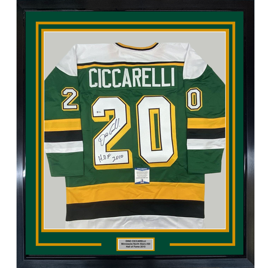 Framed Autographed/Signed Dino Ciccarelli 35x39 HOF 2010 Minnesota Green Hockey Jersey Beckett BAS COA