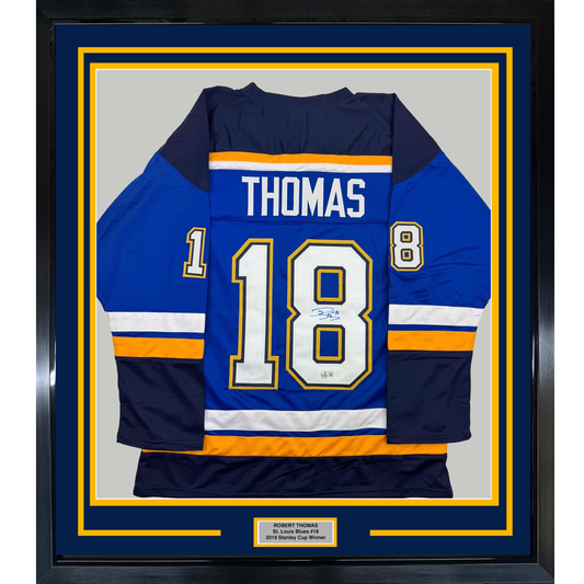 Framed Autographed/Signed Robert Thomas 35x39 St. Louis Blue Hockey Jersey Beckett BAS COA
