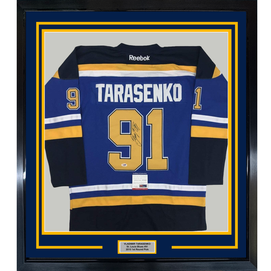 Framed Autographed/Signed Vladimir Tarasenko 35x39 St. Louis Blue Hockey Jersey PSA/DNA COA
