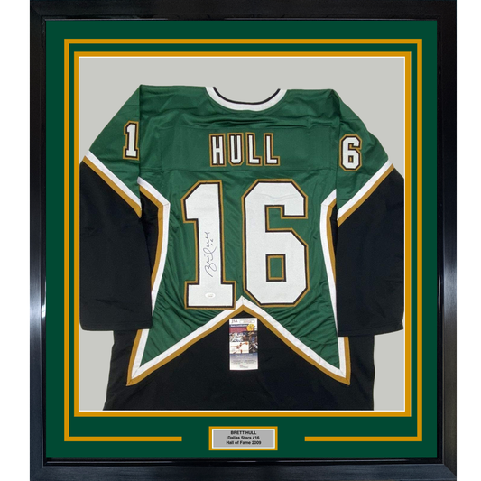 Framed Autographed/Signed Brett Hull #16 35x39 Dallas Green Hockey Jersey JSA COA